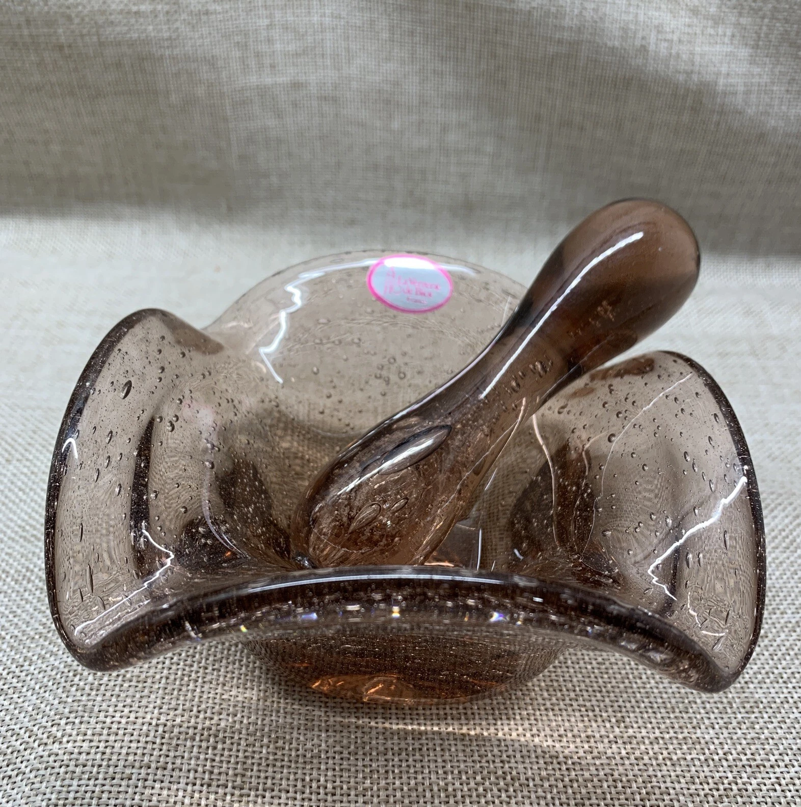 Vintage La Verrerie de Biot, France Light Amethyst Blown Glass Mortar & Pestle
