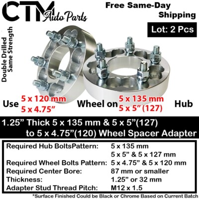 2x 1.25'' Thick 5x135 to 5x4.75(120) Wheel Adapter F150 Navigator Expedition 14x2