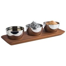 Servierbrett NARROW aus Akazienholz 31 x 11 cm mit 3 Edelstahlschalen je 170 ml