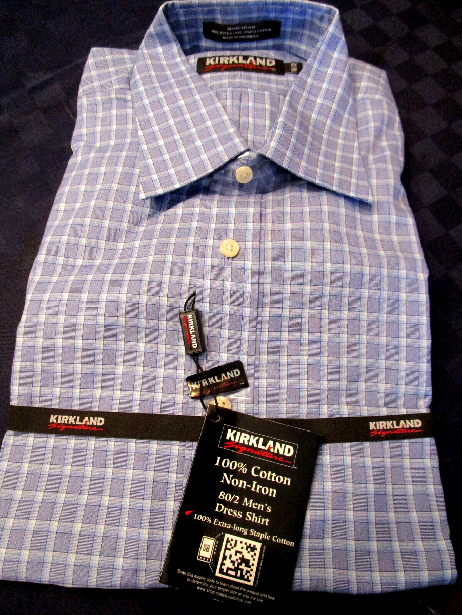 NWT KIRKLAND NO IRON 80/2 PLY SPREAD COLLAR DRESS SHIRT BLUE PLAID 17 33 |  eBay