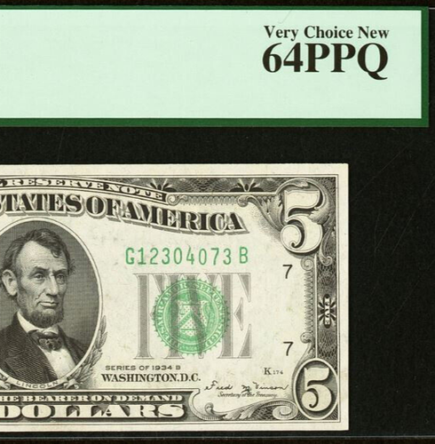 1934B $5 Federal Reserve Note PCGS 64PPQ - Vinson Signature - Chicago