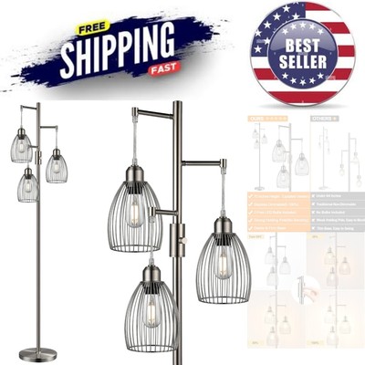 Stylish Brushed Nickel Floor Lamp with Teardrop Shades - 3 LED Bulbs Included