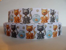 Grosgrain Ribbon, Kitty Cats with Fish Bowls  Paw Prints, 7/8" Wide