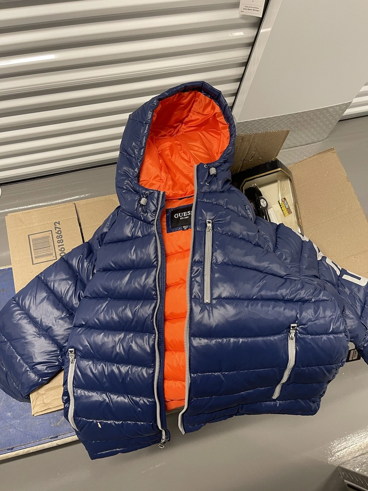 $225 Guess Men's Blue Hooded Zip-Up Puffer Coat Jacket Size 5XL