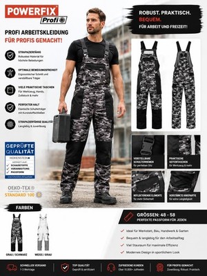 powerfix Herren Arbeitskleidung Arbeitslatzhose Latzhose Optimale Bewegungs