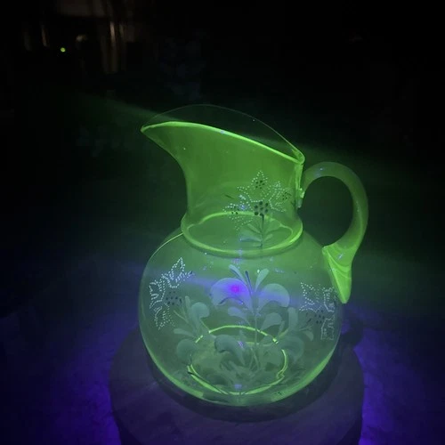 VTG Uranium Depression Glass Hand Painted Pitcher glows!
