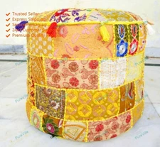 Cotton Bohemian Floral Poufs Yellow Foot Stool Embroidered Indian OttomanIndian