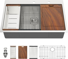 33" Stainless Steel Drop-In Kitchen Sink Workstation - 16 Gauge Single Bowl