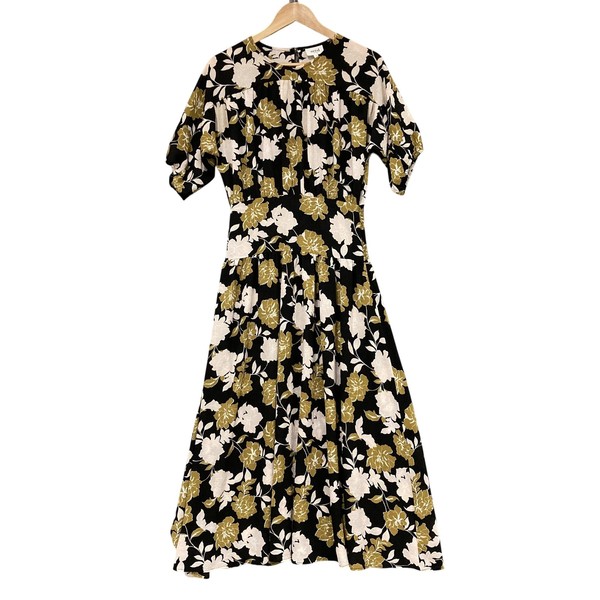 Seed Heritage Dress Womens 10 Black Floral Fit & Flare Maxi Puff Sleeve 57017