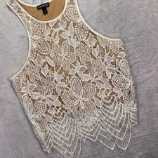 Express Women Tank Top Small White Nude Floral Lace Scalloped Eyelash Hem