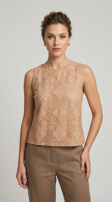 Damen Top ärmellos beige elegante Bluse mit Spitzeneinsatz