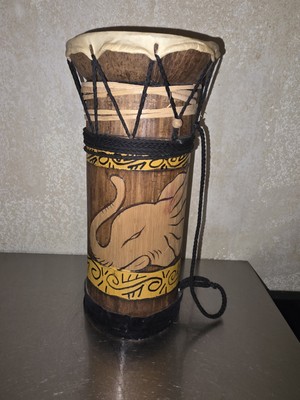 Vintage Handcarved Wood Wooden 11.5'' DRUM Elephants Music