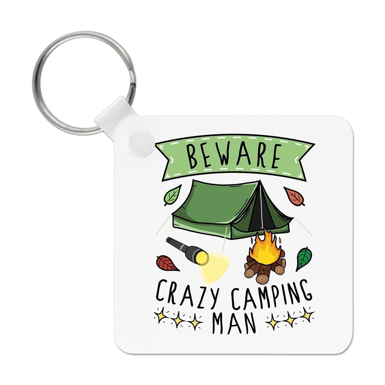 Beware Crazy Camping Man Keyring Key Chain Festival Tent Camper Dad Fathers Day