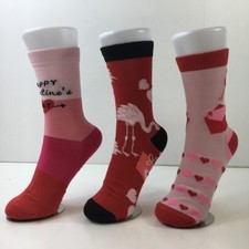 Womens Crew Socks Set 3 Valentines Flamingos Hearts Print Red Pink Black White
