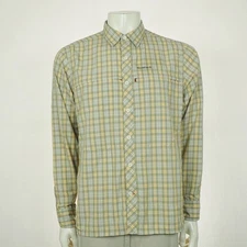 Simms Fishing Gear Button Down Shirt Mens Medium Green Plaid Nylon Blend Tech