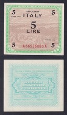 American Occupation Banknote Italy 5 Lire 1943 P-M12a FDS-/UNC-