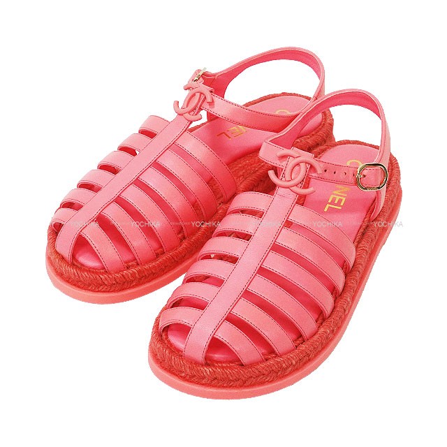 APL 2024 Crociera CHANEL Gladiatore Coco Mark Espadrillas Corallo Pelle di Agnello 39 Champag...