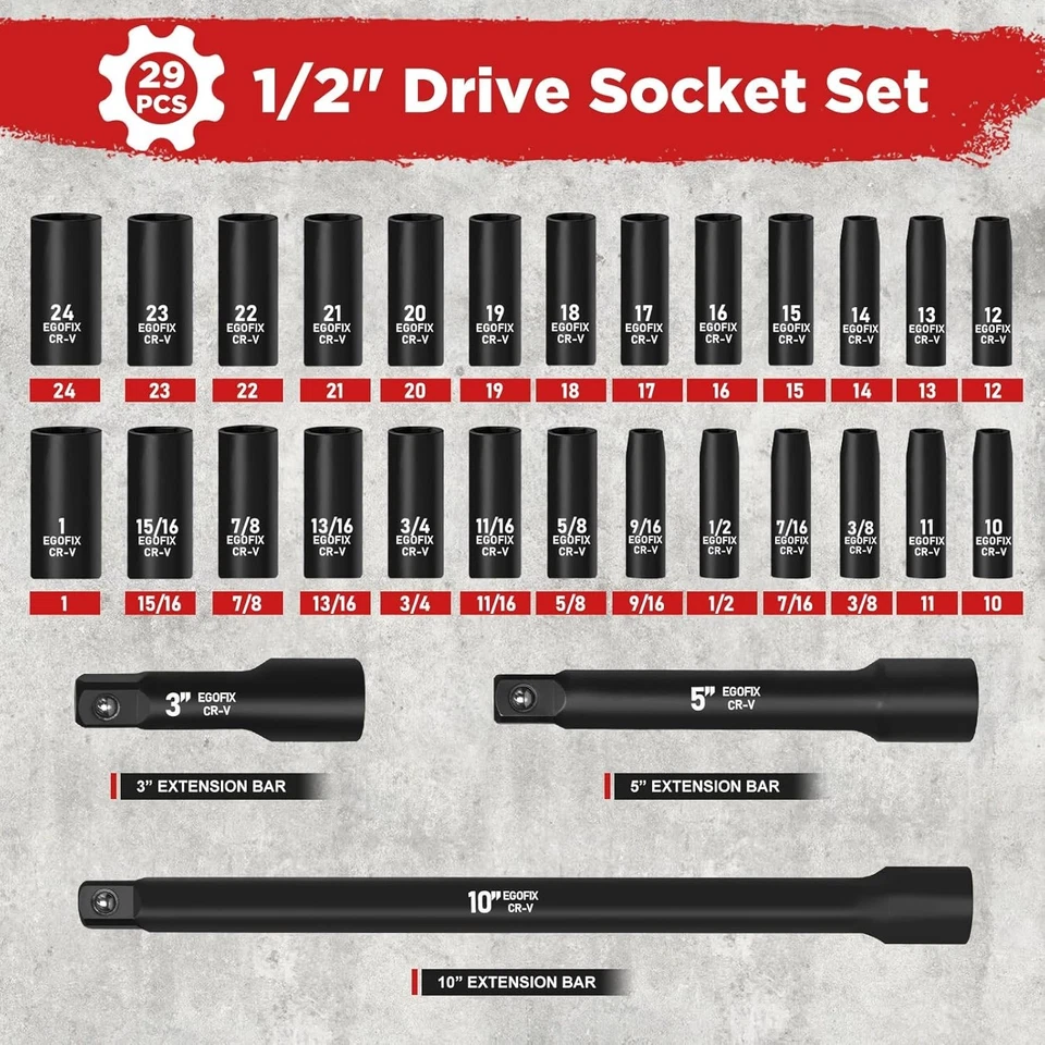 29-Piece 1/2" Chrome Vanadium Socket Set with Extension Bars - SAE & Metric - Image 4 of 4