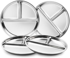 Stainless Steel Kids Plates Set of 4, 9" Portion Control Plates Divided Plate fo