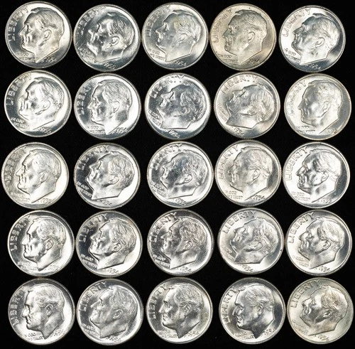 1954-1955 PDS Roosevelt Dime Lot of 25 Coins ALL UNCIRCULATED BU $2.50 FV
