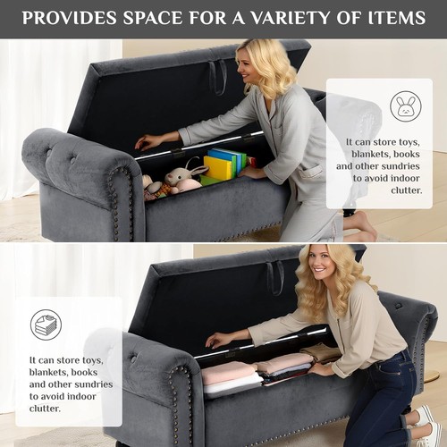 Asiento, banco tapizado con espacio de almacenamiento, banco de cama con tapa, terciopelo acolchado gris - Imagen 4 de 8