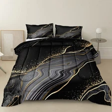 and Gold Comforter Set - Golden Abstract Marble Texture Design King Black