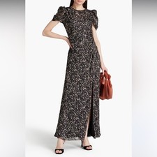 ML Monique Lhuillier Floral Puff Sleeve Maxi Dress Evening Gown 12 Black 4416070
