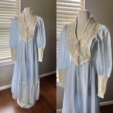 Vintage Gunne Sax Prairie Dress XS Blue Ivory Lace Black Label Victorian 70s
