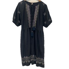 Knox Rose Embroidered Peasant Dress XL Blue Pockets Tassel Tie Short Sleeve Midi