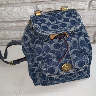 Coach Signature Monogram Denim Mini Backpack Blue Leather Trim Brass Hardware