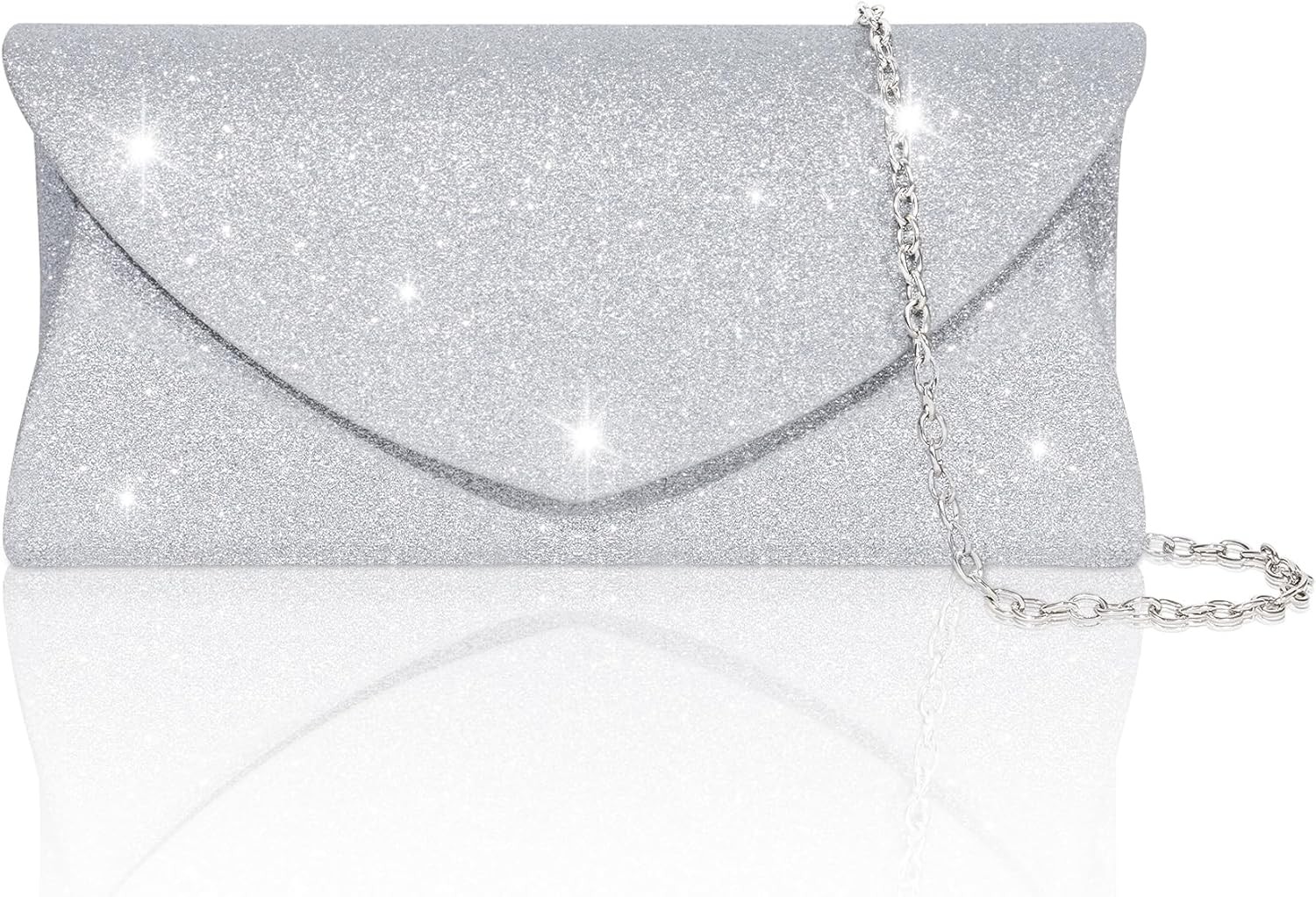 Women's Clutches, Sliver Glitter Sequin Evening Handbags with Detachable Chain,