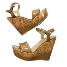 STUART WEITZMAN Single Sky Lacquered Cork Wedge Sandal Women's Size 9.5 W Wide