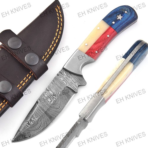 Custom Handmade Texas Flag Damascus Steel Hunting Knife with Exotic Wood-Bone Handle main image 1
