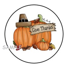 30 THANKSGIVING ENVELOPE SEALS LABELS STICKERS 1.5" ROUND PUMPKINS GIVE THANKS
