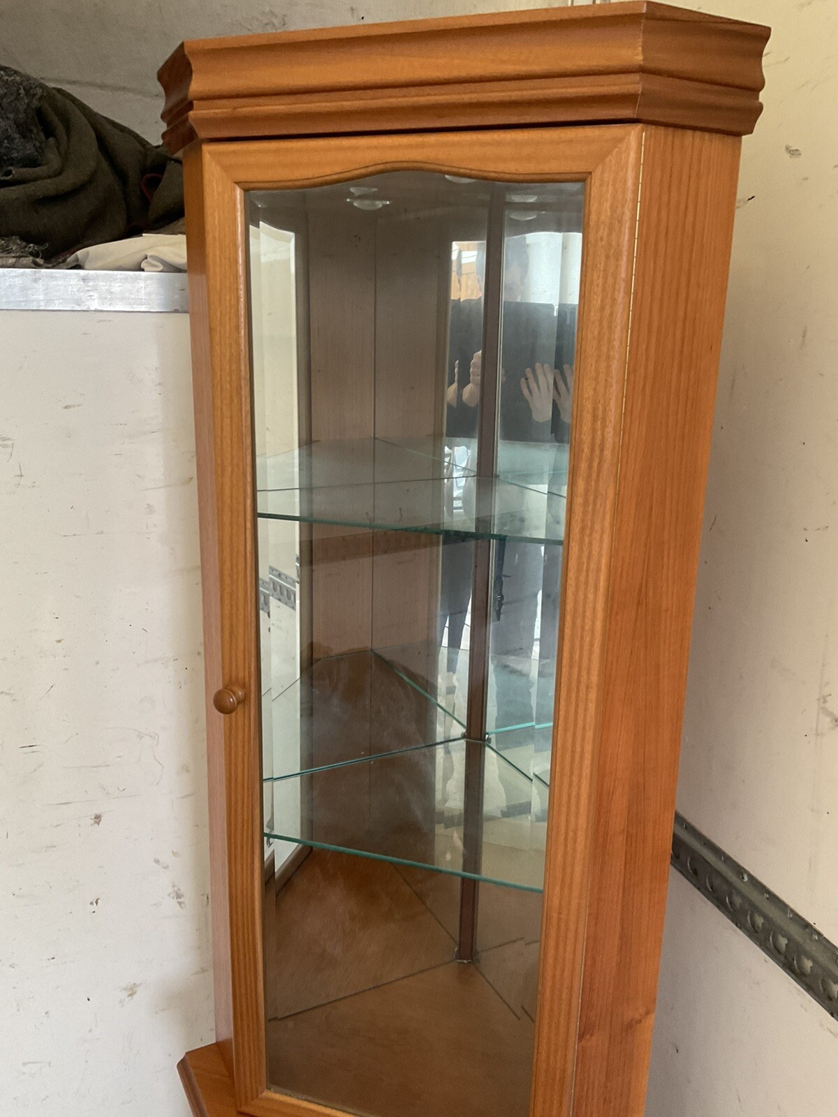 retro corner teak,”sutcliffes” , glass door & shelves