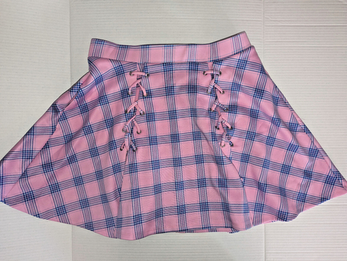 Hot Topic Skirt Womens Size XL Pink Blue Plaid Laceup Front Short Stretch NWT