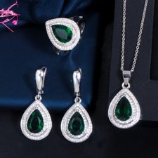 Green Cubic Zirconia Water Drop Set for Women Engagement Silver Plated Jewelry