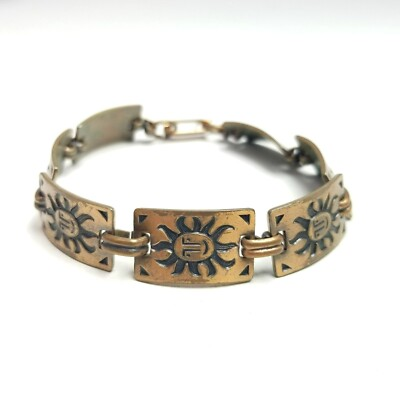 #ad Vintage Copper Color Sun Stamped Pattern Panel Bracelet Retro 70s Style Estate $29.75