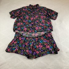 Floral Outfit Set Vintage Gitano Navy Button Up Shirt and Shorts Size Medium