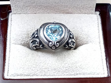 Beautiful Ornate Designer Sterling Silver Ring w. Heart Shaped Blue Topaz Size 6
