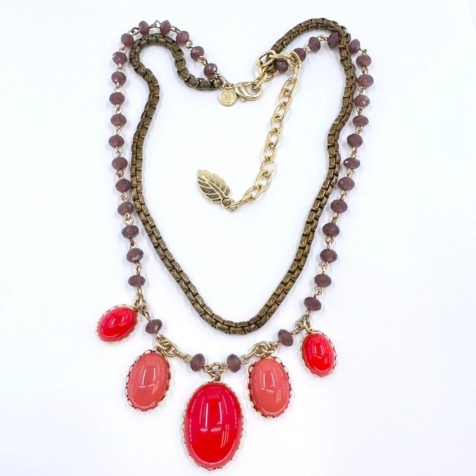 David Aubrey - Colar estilo babador pêssego e laranja com miçangas dois fios tom dourado