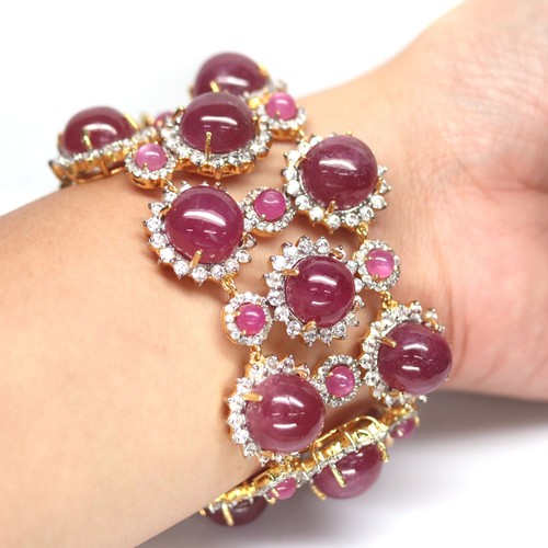 Heated 14 mm. Red Ruby & White Cambodia-Zircon Bracelet 9.5" Silver 925 Sterling - Picture 3 of 5