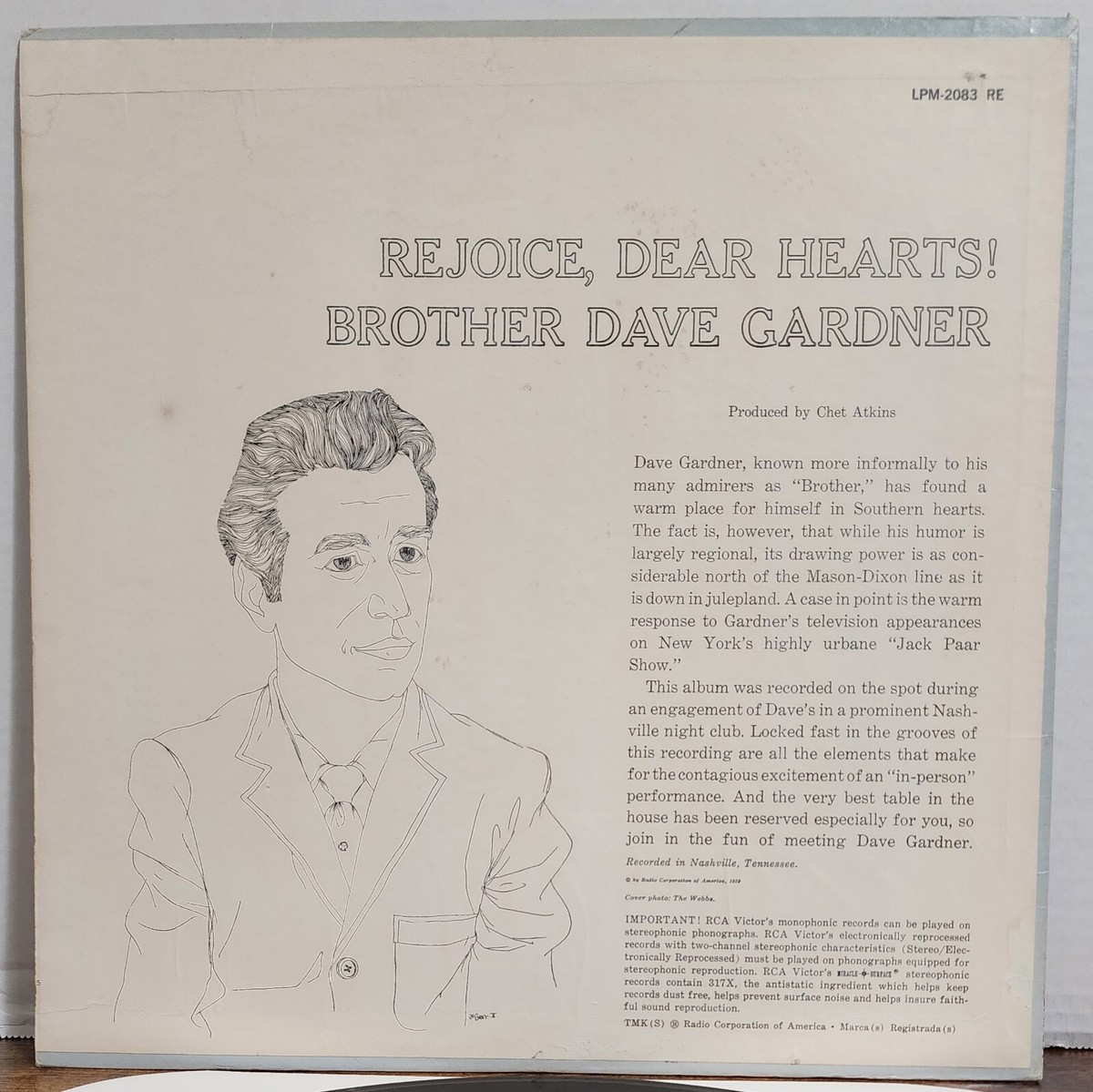 Brother Dave Gardner Rejoice, Dear Hearts! Vinyl LP RCA