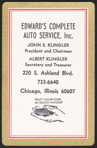 Vintage playing card EDWARDS COMPLETE AUTO SERVICE hand holding car pic Chicago - Picture 2 of 2