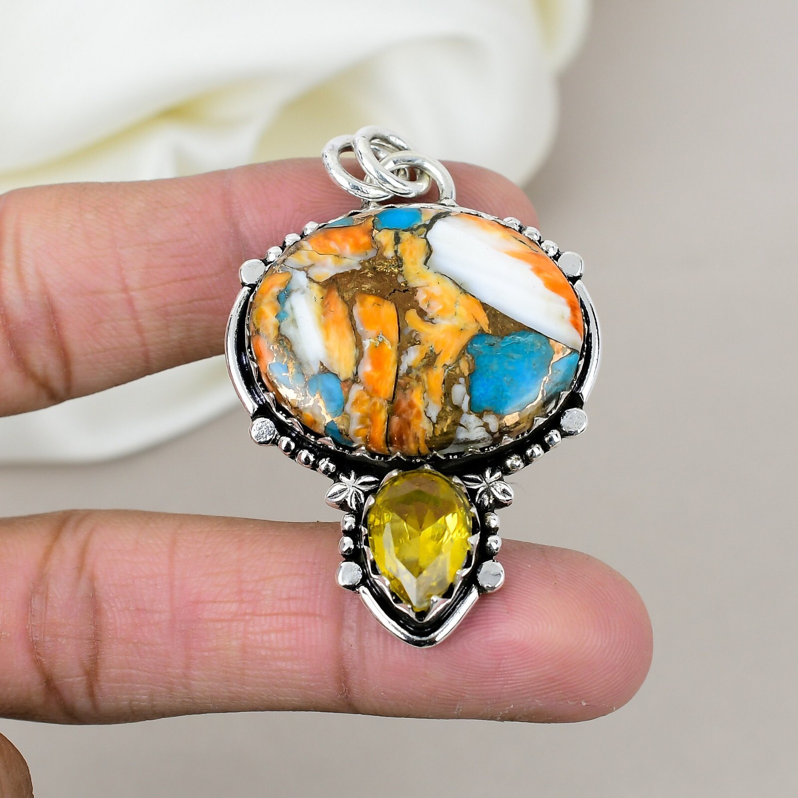 Spiny Oyster Copper Turquoise, Citrine Gemstone 925 Sterling Silver Jewelry Gift