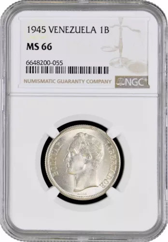 Venezuela 1 bolivar 1945, NGC MS66, "United States (1879 - 1952)" Top Pop 2/0