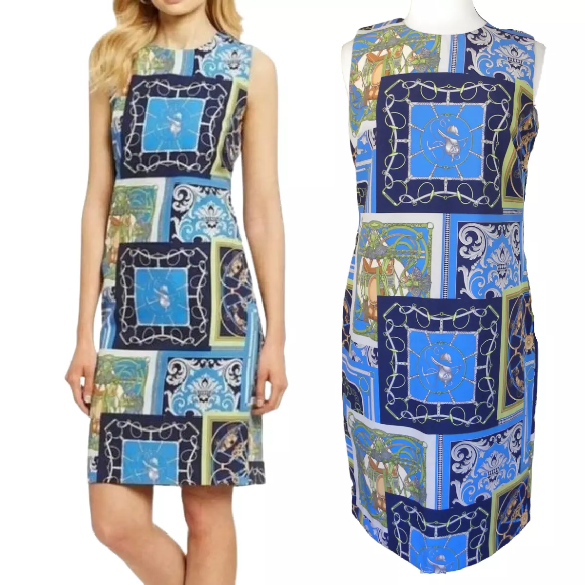 J. McLaughlin Belinda Sheath Dress Equestrian Scarf Tack Print Blue Sz 8
