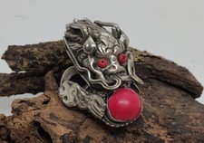 PT30 Tribal Asian Ethnic Tibetan Silver Coral Handmade Regional Dragon Ring