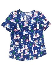 Womens Blue Winter Penguin Snowman Scrub Medical Smock Scrubs Shirt S