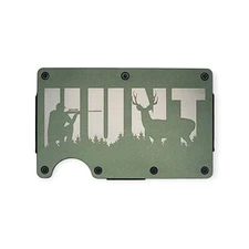 Custom Engraved in Hunt Deer Minimalist Metal Slim Wallet Hunter Army Green